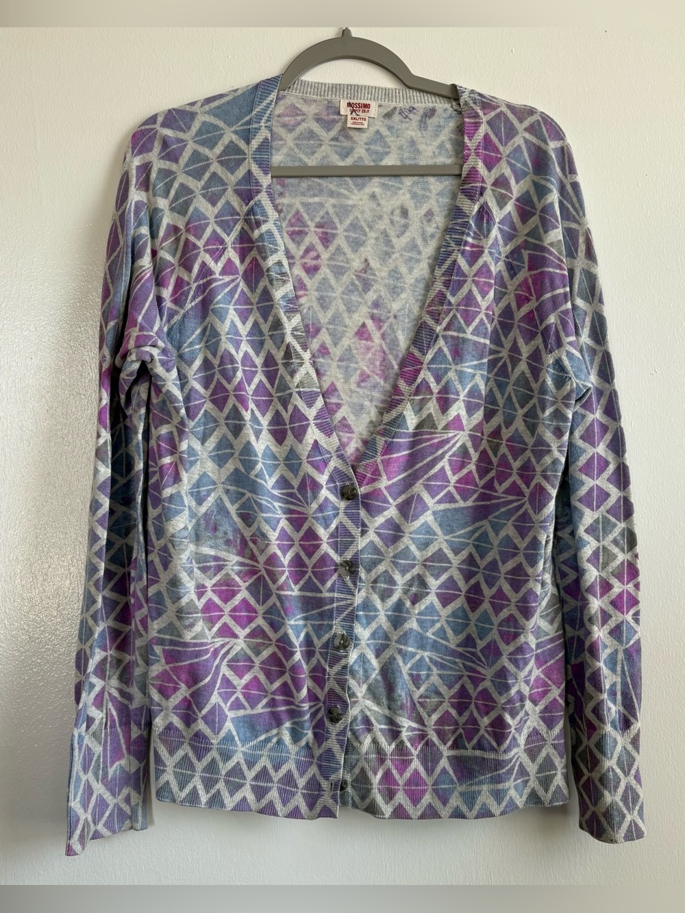 Mossimo Supply Co. Blue Purple Geometric V-Neck Button Knit Cardigan Sweater XXL